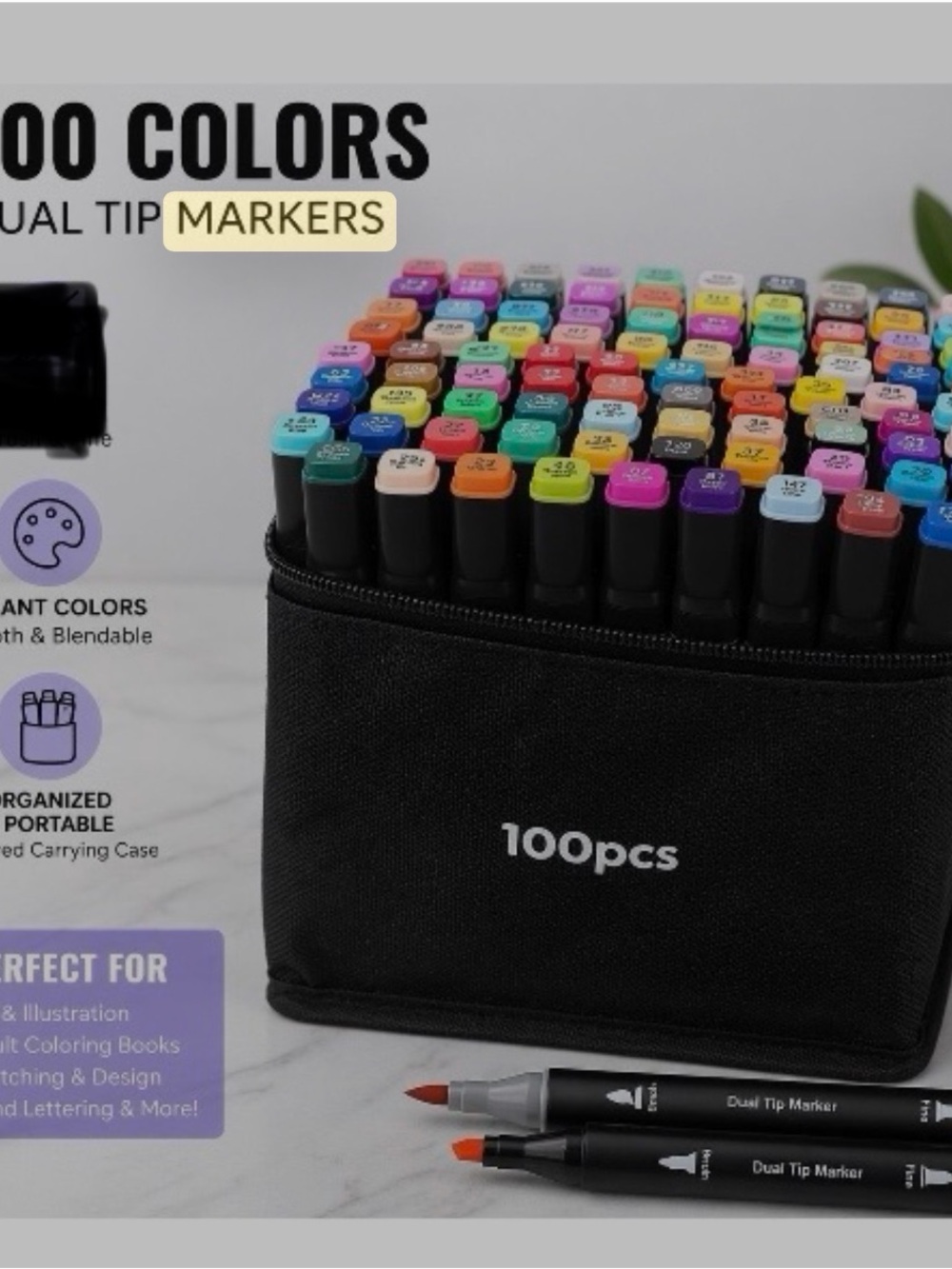 100-Piece Dual Tip Marker Set — Assorted Colors